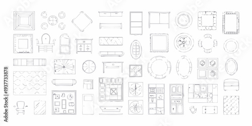 An assortment of hand drawn furniture and decorative elements in outline style