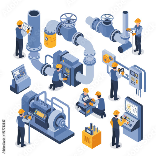Isometric Industrial Workers Maintaining Pipeline and Machinery.