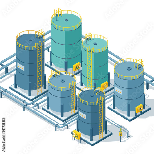 Isometric Industrial Storage Tanks and Pipelines Illustration.