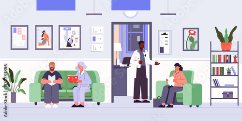 A brightly lit doctor s office waiting room with patients and staff
