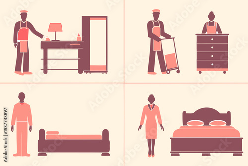 Hotel staff and room amenities depicted in a minimalist four panel design