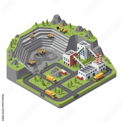 Isometric Mining Quarry with Heavy Machinery and Processing Plant.