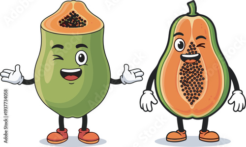 Cute Cartoon Papaya Fruit Characters Vector Illustration Set with Winking and Welcoming Expressions, Showing Halved Interior with Seeds, Perfect for Healthy Food and Tropical Design Concepts