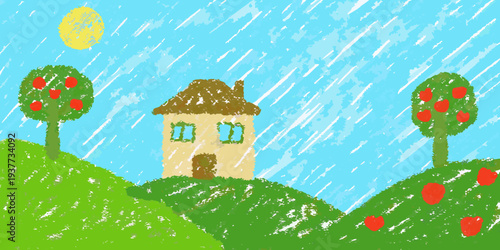 A childlike drawing depicts a house trees and a sunny rainy landscape