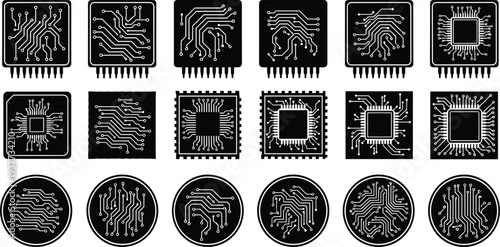 Collection of minimalist black and white electronic chip icons, circuit board processor symbols, abstract 