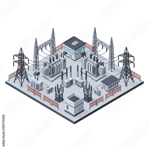 Isometric Power Substation with High Voltage Transmission Towers and Electrical Equipment.