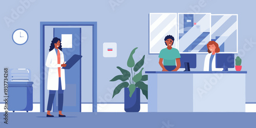 A doctor and staff interact with patients at a welcoming hospital reception