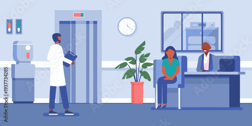 A doctor discusses information with a patient and receptionist in a hospital