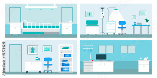 Illustrative scenes depicting various medical rooms within a hospital setting