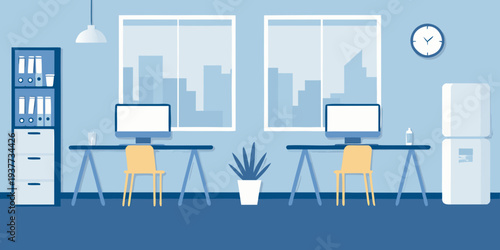 A brightly colored minimalist office workspace with two desks and a plant