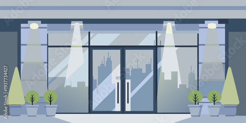 Modern storefront with large glass windows reflecting a city skyline