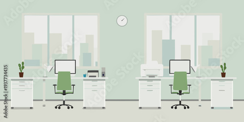Minimalist illustration of a modern empty office workspace with two desks