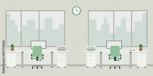 Minimalist office interior with two workstations a clock and large windows