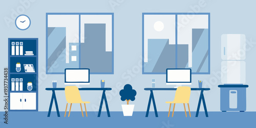 A brightly colored minimalist illustration of a modern office workspace