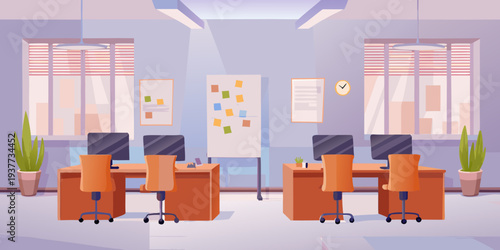 Modern office workspace with desks computers and a brainstorming whiteboard