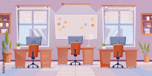 A brightly lit office interior with desks computers and window views