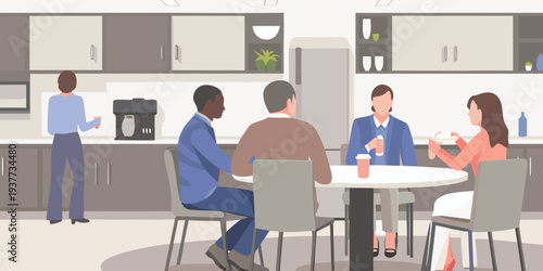 Office breakroom scene with colleagues chatting and enjoying refreshments