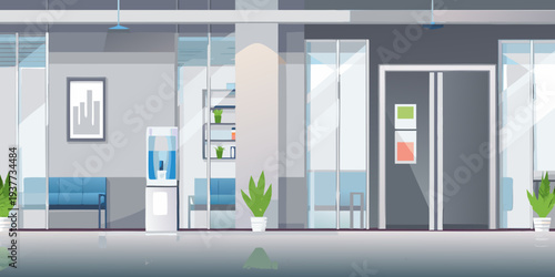 Modern office lobby with minimalist design and cool gray color scheme