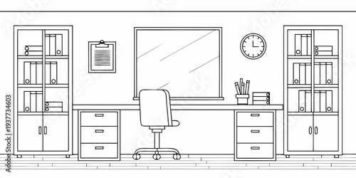 Simple line drawing of an office workspace with furniture and decor