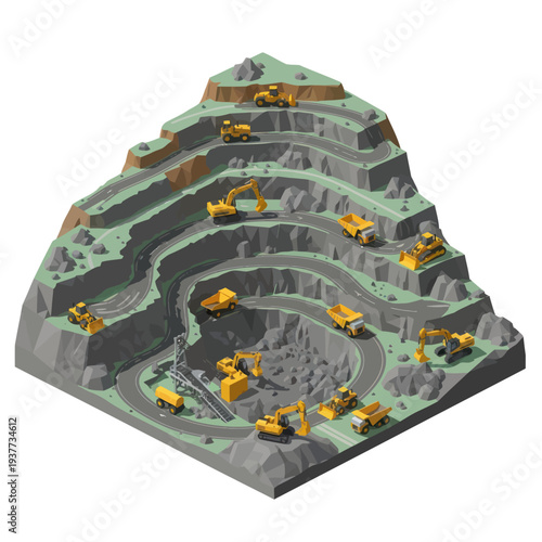 Isometric view of a large open-pit mine with heavy machinery.