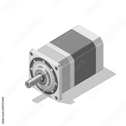Isometric view of a modern industrial stepper motor with shaft.