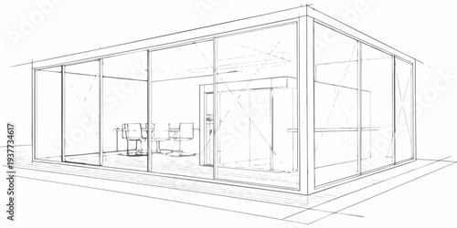 Architectural sketch of a modern office space with furniture inside