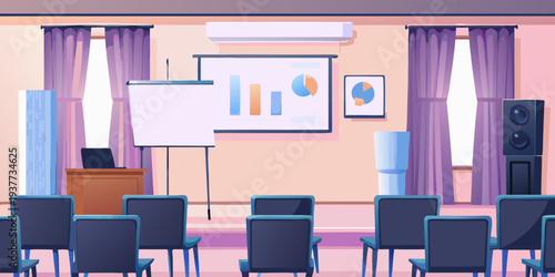 Empty conference room with presentation screen seating and modern decor