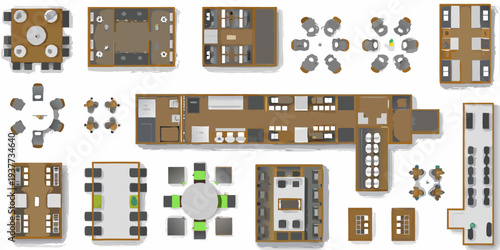 Overhead view of diverse office spaces and furniture arrangements