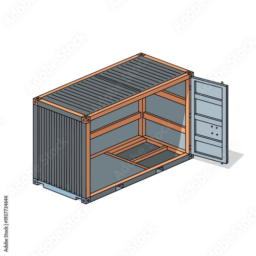 Isometric view of a shipping container with one side removed, showing its internal structure and an open door.