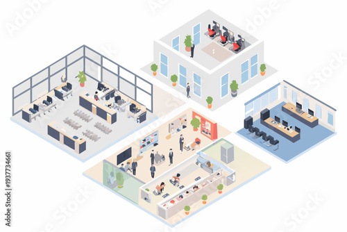 Isometric illustration of a modern open plan office space with employees