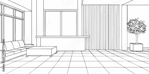 Minimalist line drawing of a modern waiting room with a potted plant