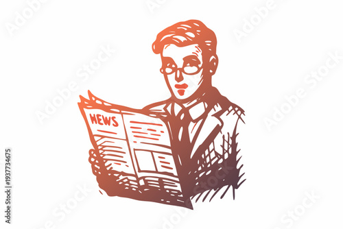 A vintage illustration of a man intently reading a newspaper