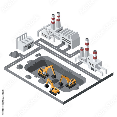 Isometric View of an Industrial Mining and Processing Plant.