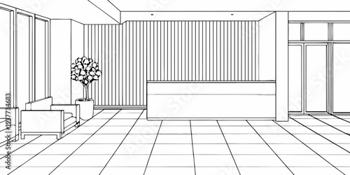 Minimalist interior design featuring a reception desk and potted plant