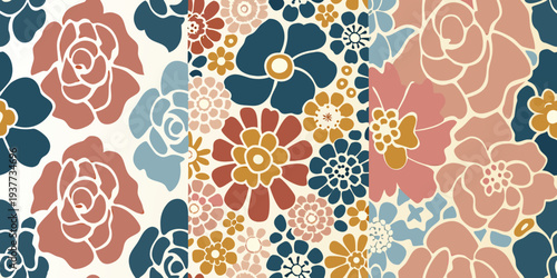 Floral pattern with roses and abstract blooms in muted earthy tones