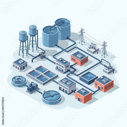 Isometric Water Treatment and Distribution System with Power Grid.