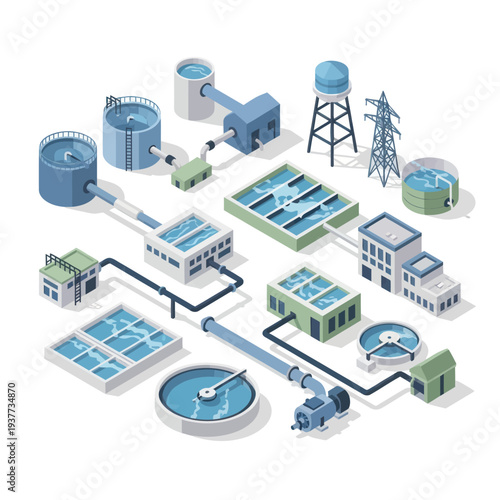 Isometric Water Treatment and Supply System Infrastructure.