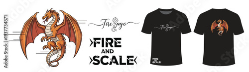 Dragon flying with wings spread, Fire and Scale graphic with text, t-shirt design concept