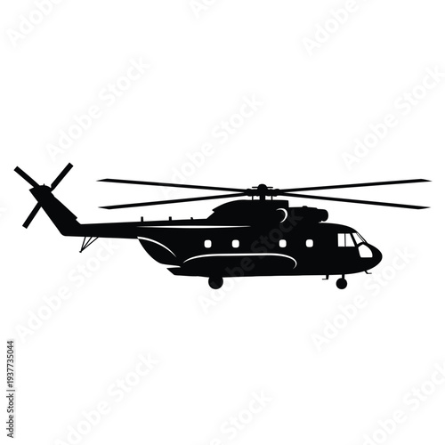 A vector illustration of a military helicopter aircraft with spinning rotor blades flying through the blue sky as an army transport vehicle in flight