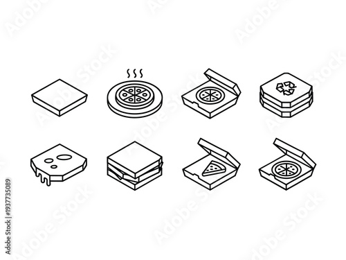 Isometric line art depicting various food items in pizza boxes and slices