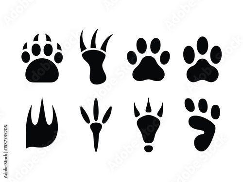 Collection of black animal paw prints and claw marks in a simple design