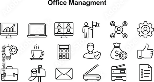 Office management and business administration icon set for corporate productivity workflow and professional workplace organization.