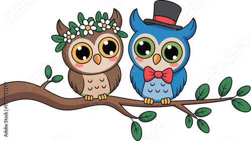 cute, cartoon, owls, couple, sitting, branch, big, eyes, floral, crown, top, hat, bowtie, woodland, love, kawaii, illustration, nursery, clipart, adorable