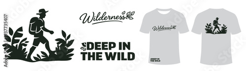 Wilderness Hiker Illustration with T-Shirt Mockups - Deep in the Wild Adventure and Nature Design