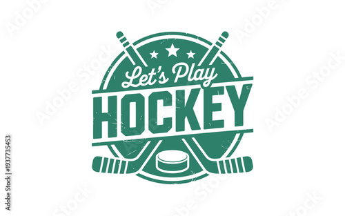 Vintage hockey emblem featuring crossed sticks a puck and bold typography