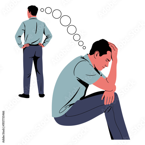 A stressed man sitting and thinking about his problems with another version of himself standing confidently in the background