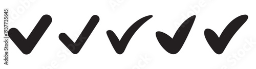 Group of five black hand drawn check marks on white background, conveying completion and agreement