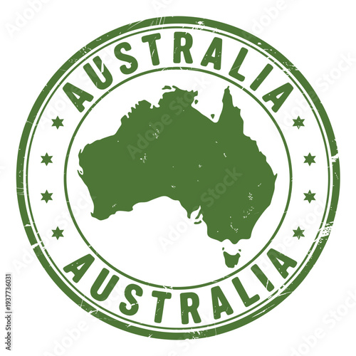 A distressed green stamp featuring the map of australia and its name