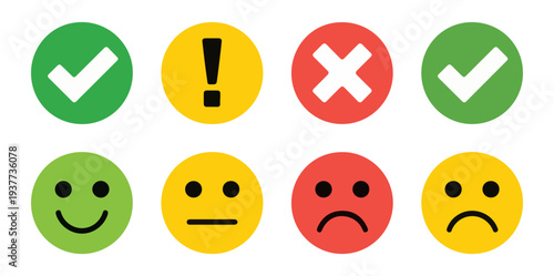 Different types of green check marks yellow alert signs and colored emoji faces showing levels of approval