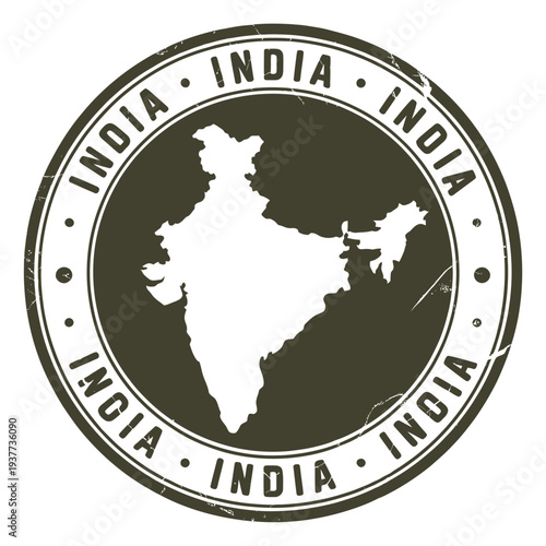 A distressed stamp graphic featuring a white silhouette of india within a circular border